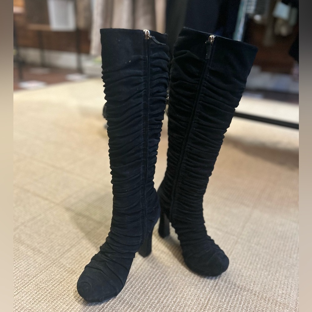 YSL Palais black ruched sued knee high platform heel boot *size 7